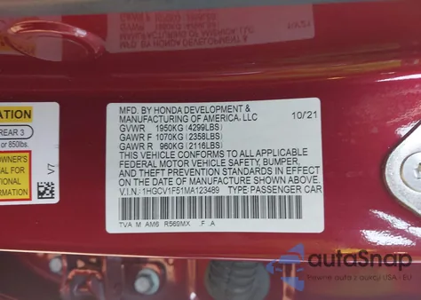 2021 Honda Accord Ex-L z USA, uszkodzony, nr VIN 1HGCV1F51MA123489